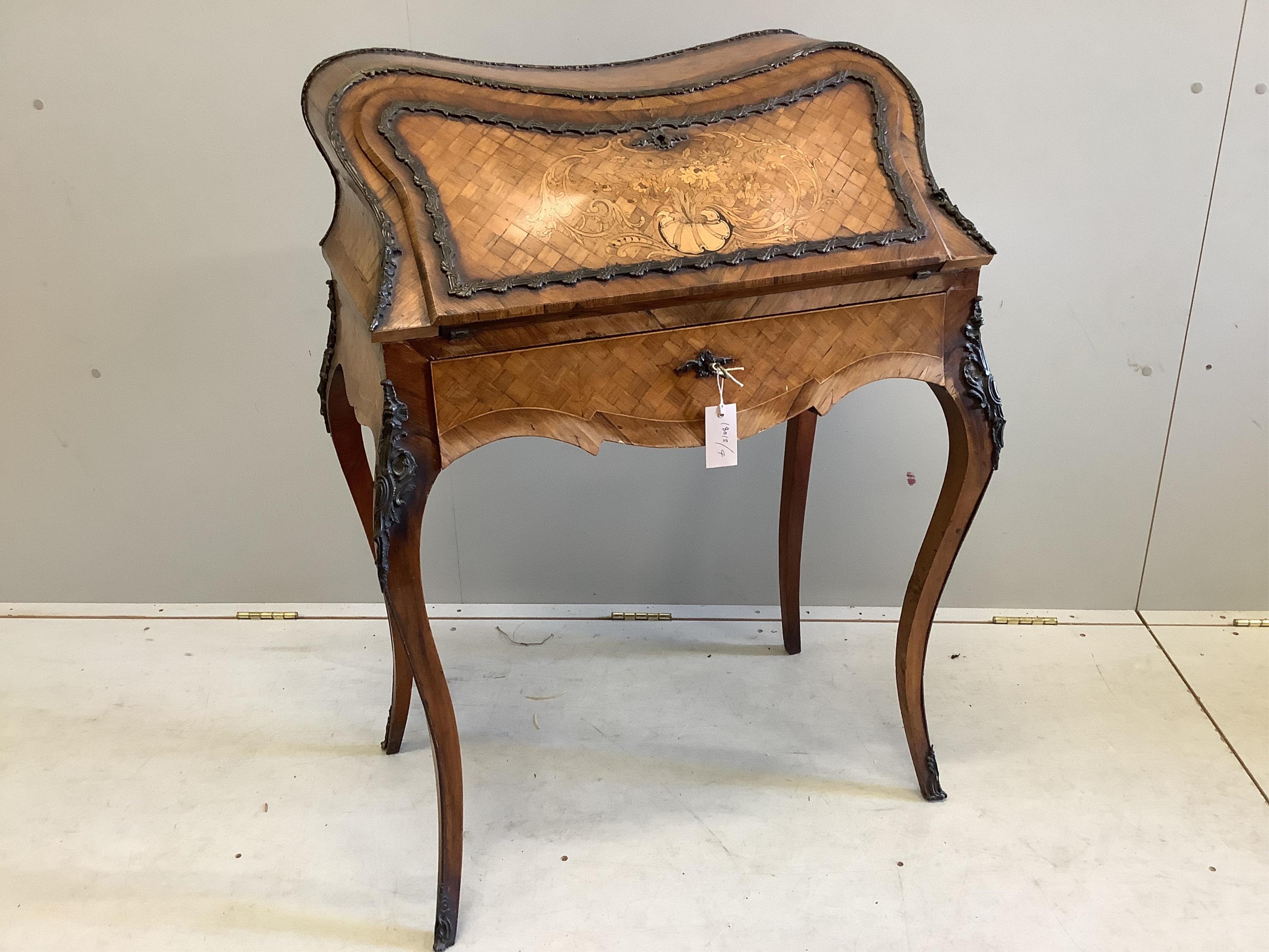 A French Transitional style gilt metal mounted kingwood bureau de dame, width 75cm, depth 46cm, height 98cm. Condition - fair
